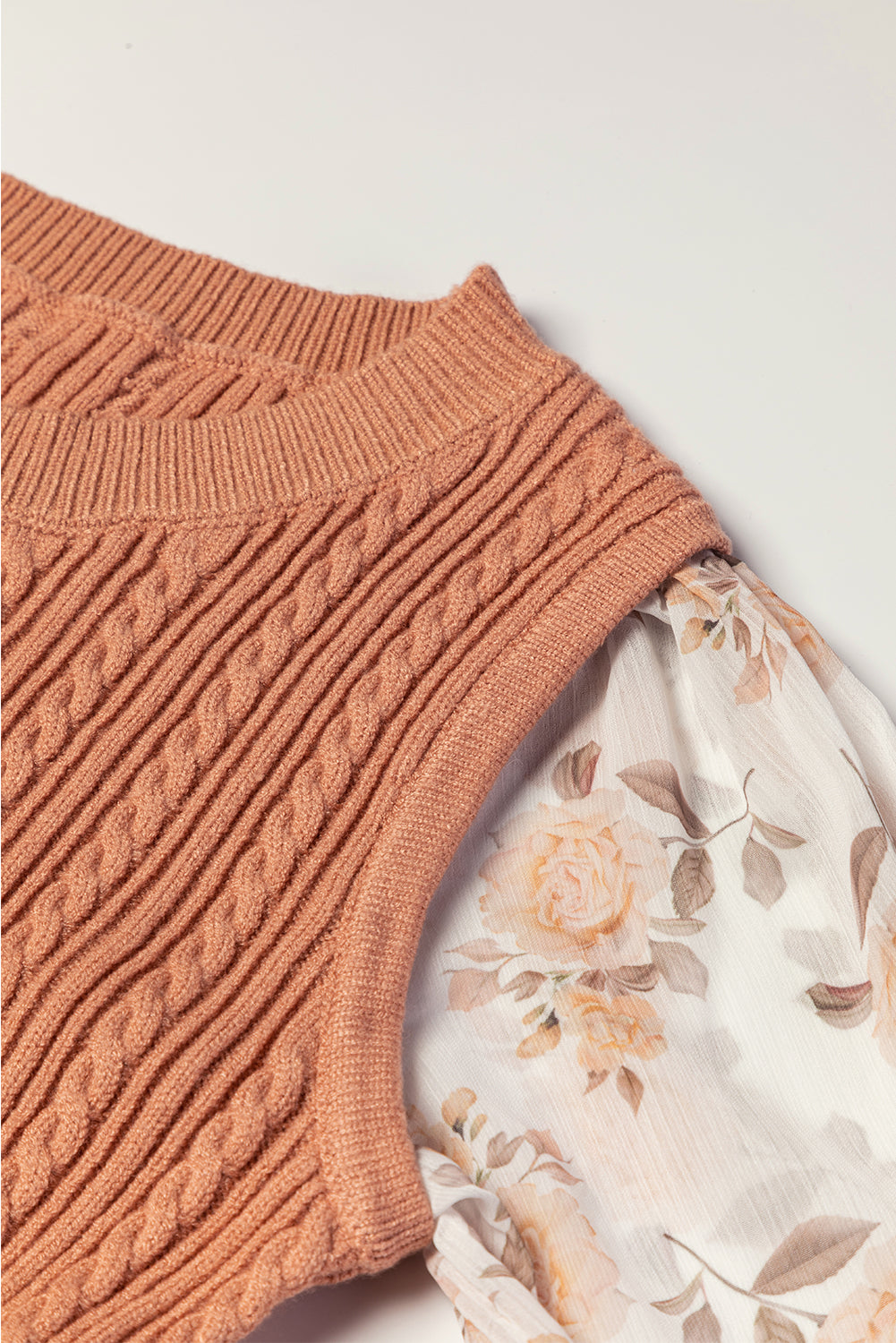 Golden Floral Patchwork Ruffled Cuff Cable Knit Sweater