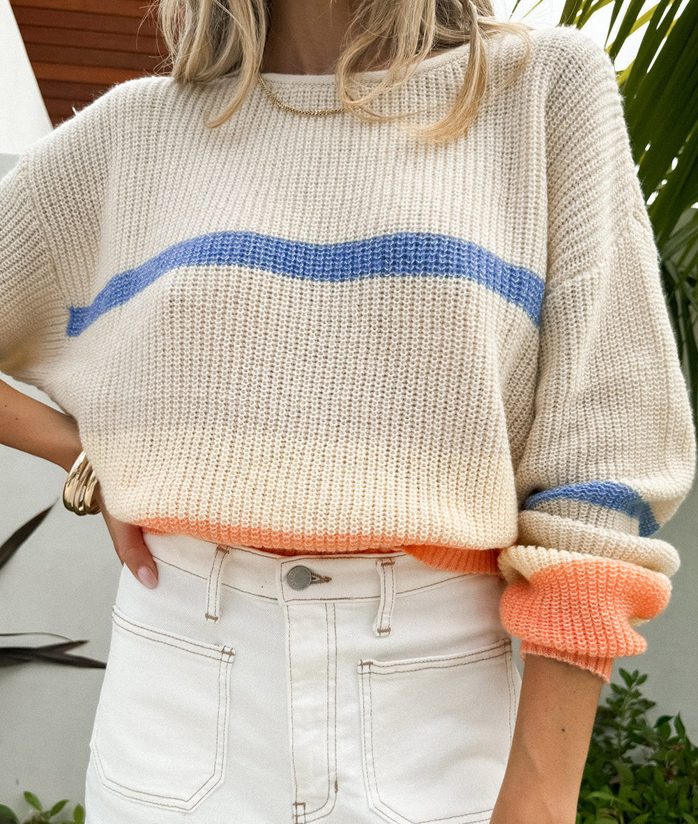 Beige Colorblock Striped Drop Shoulder Cozy Sweater