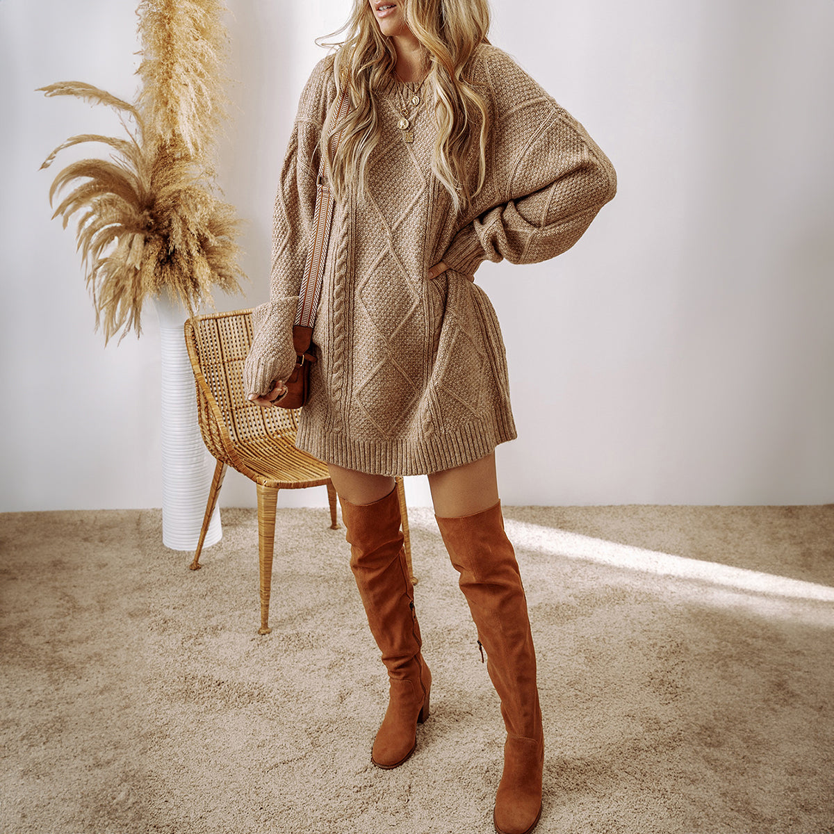 Parchment Cable Knit Drop Shoulder Loose Fit Sweater Dress