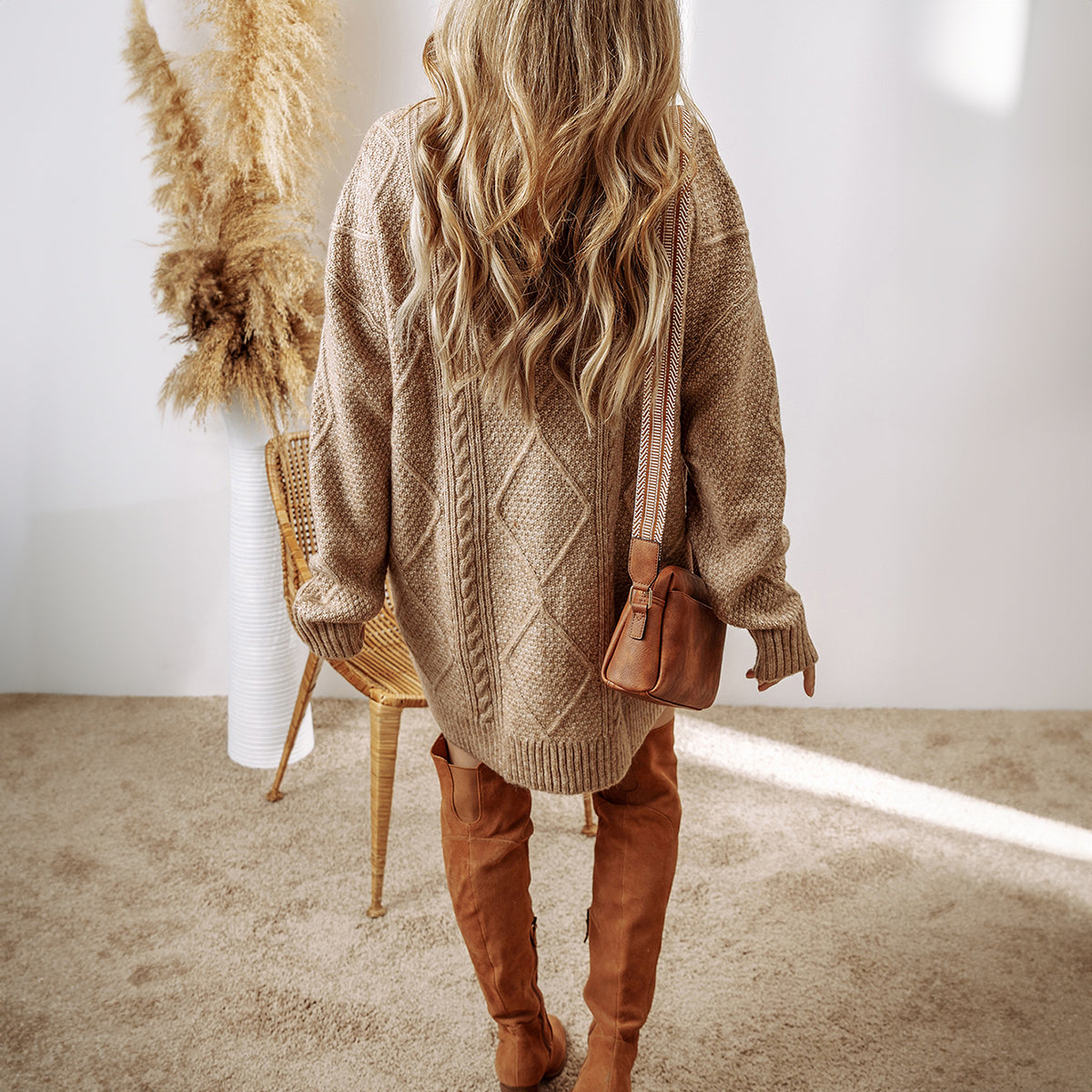 Parchment Cable Knit Drop Shoulder Loose Fit Sweater Dress