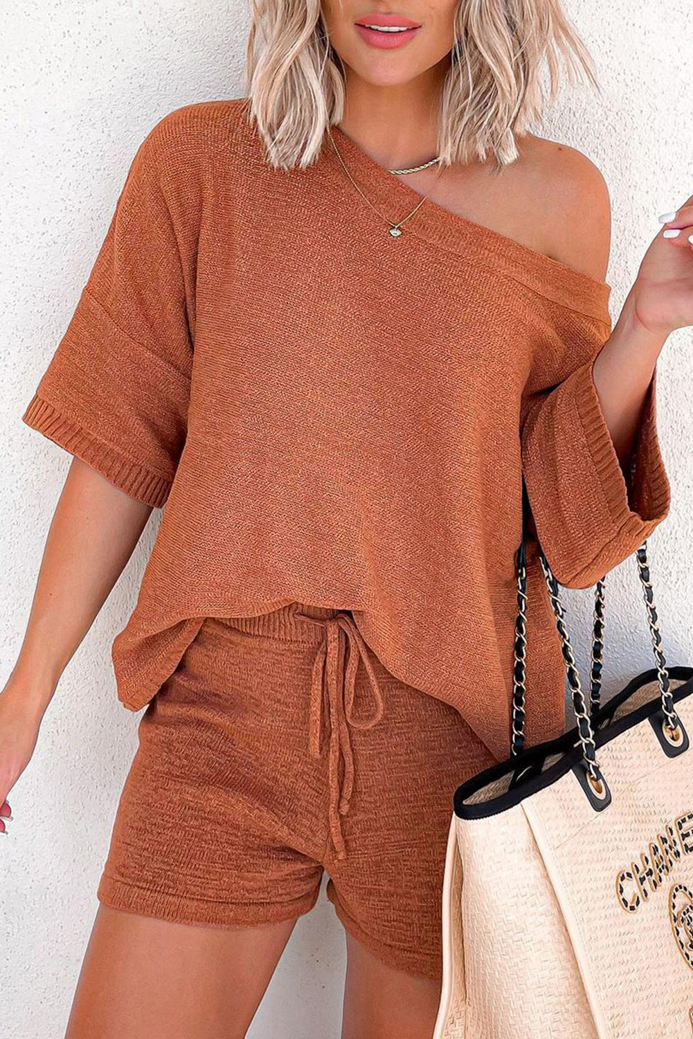 Gold Flame Loose Top and Drawstring Shorts Knit Set