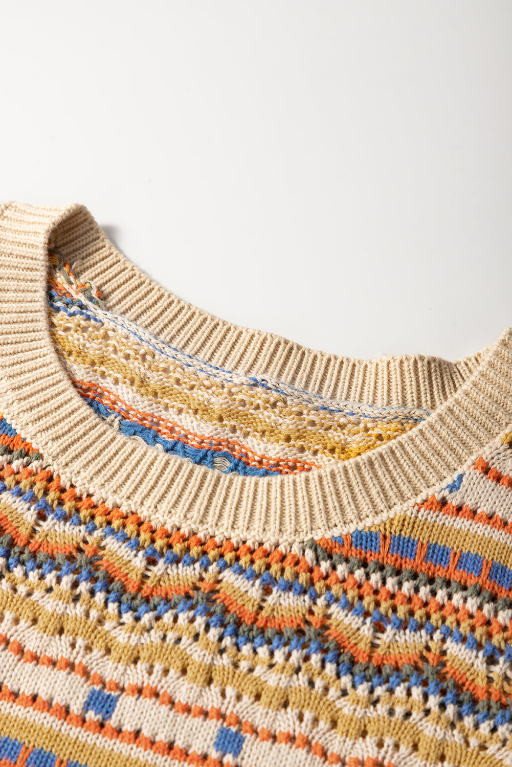 Brown Stripe Eyelet Crochet Round Neck Sweater Vest
