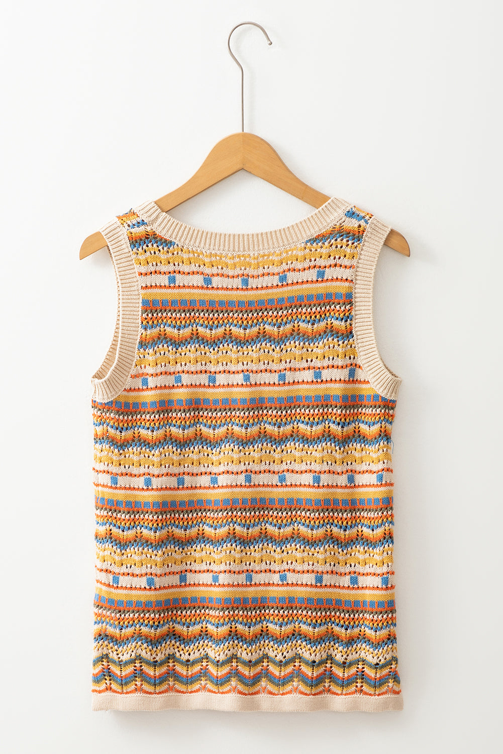 Brown Stripe Eyelet Crochet Round Neck Sweater Vest