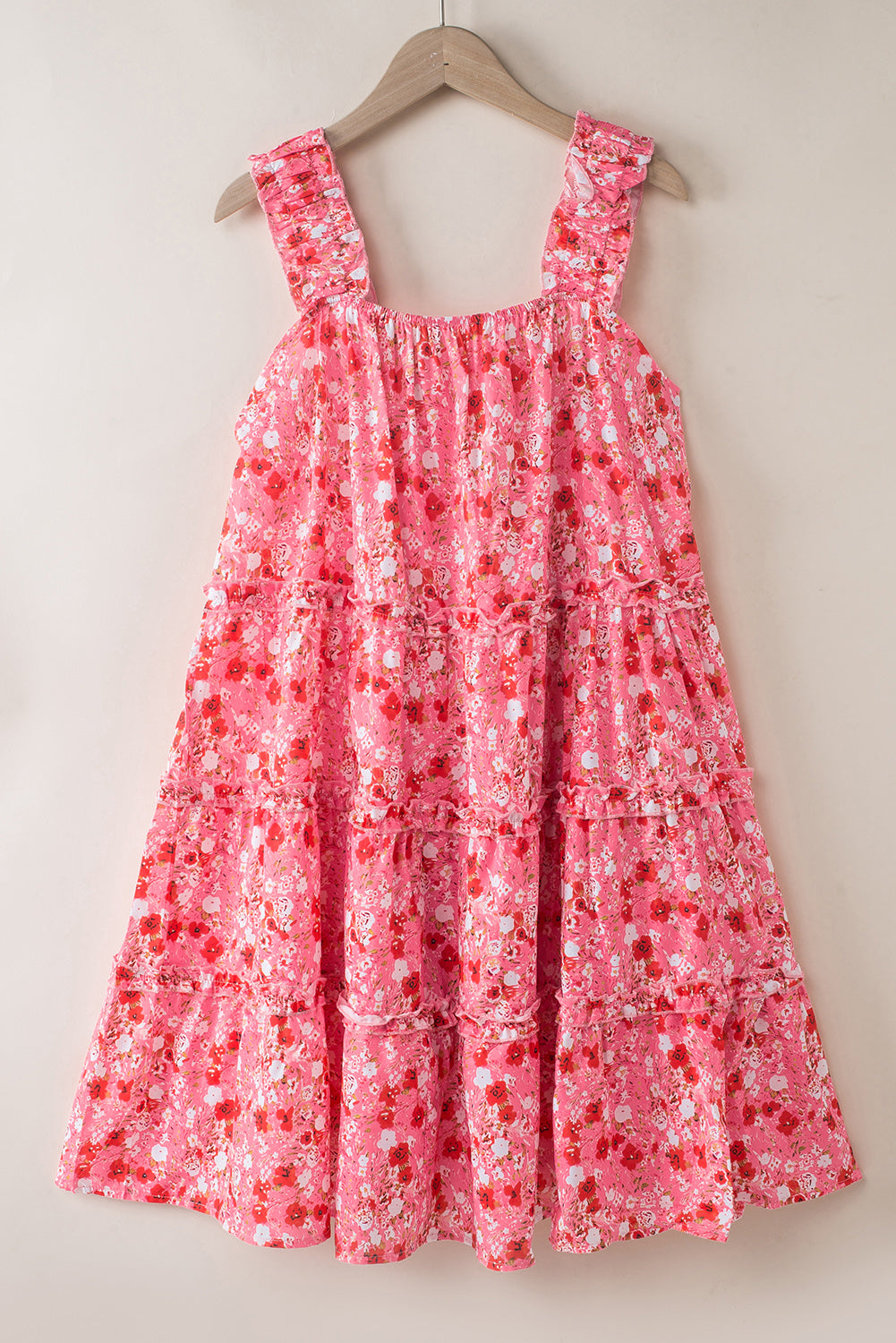 Fiery Red Tiered Ruffled Square Neck Sleeveless Floral Mini Dress