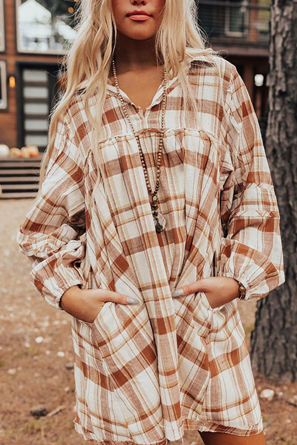 Brown Plaid Print Babydoll Mini Dress