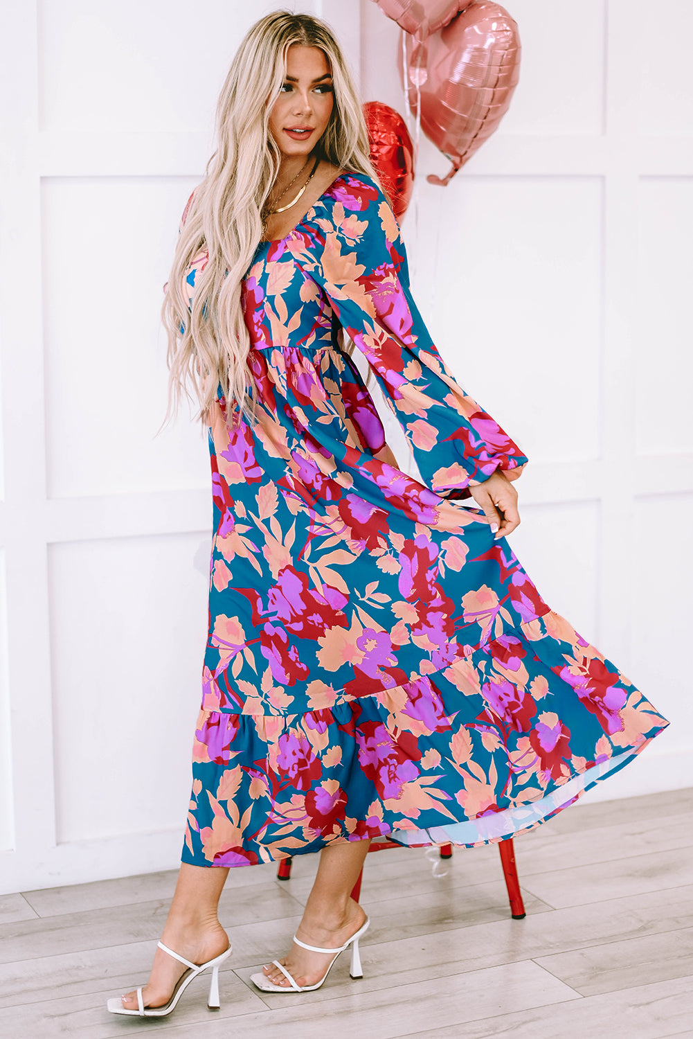 Multicolor Floral Print Square Neck Ruffled High Waist Dress