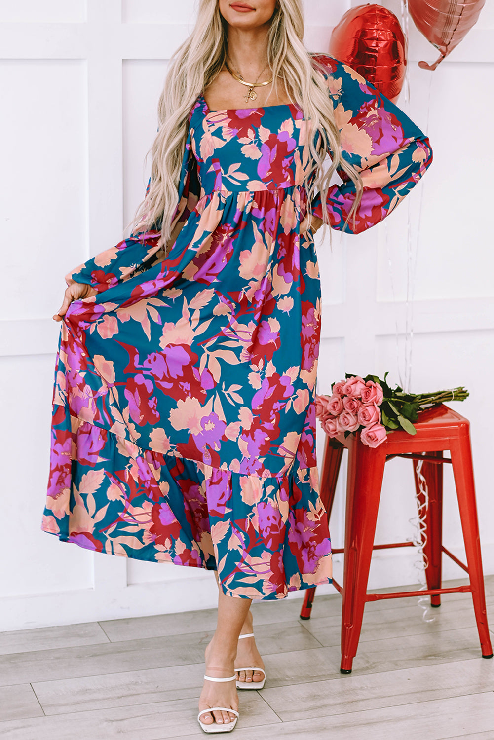 Multicolor Floral Print Square Neck Ruffled High Waist Dress