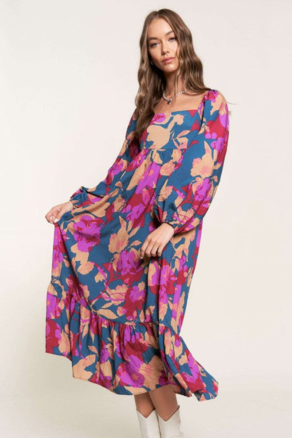 Multicolor Floral Print Square Neck Ruffled High Waist Dress