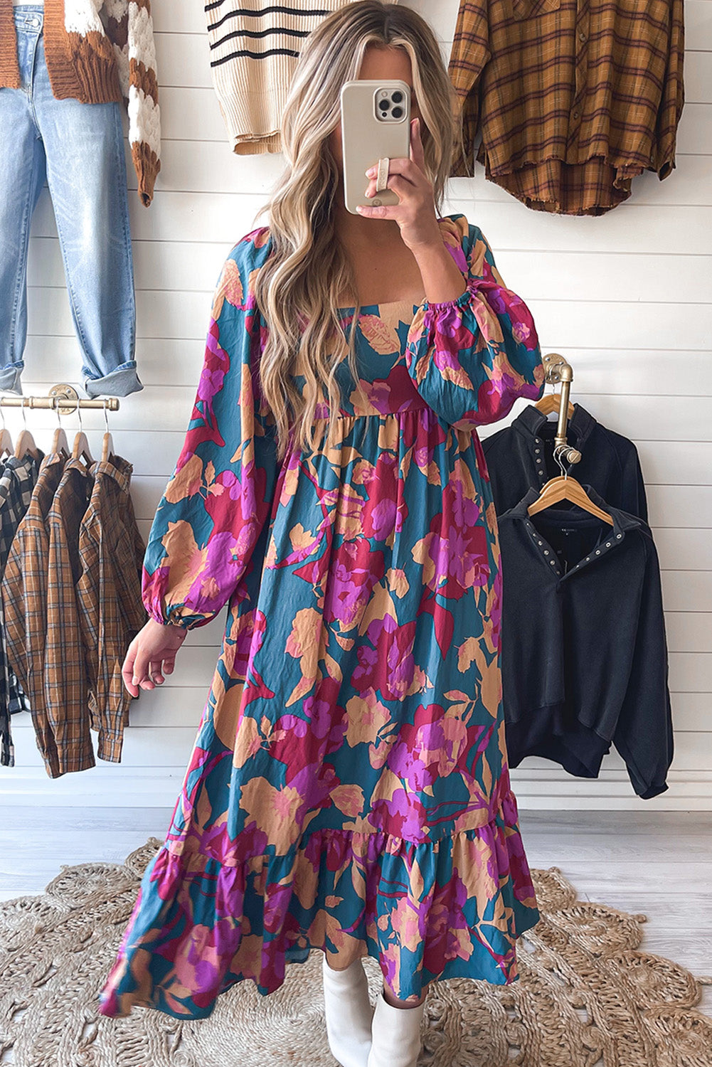 Multicolor Floral Print Square Neck Ruffled High Waist Dress