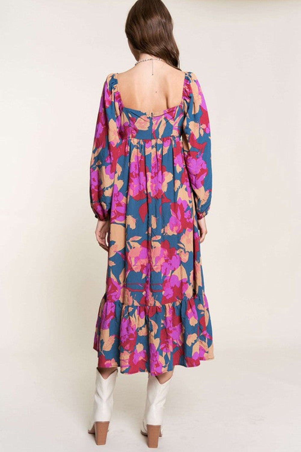 Multicolor Floral Print Square Neck Ruffled High Waist Dress