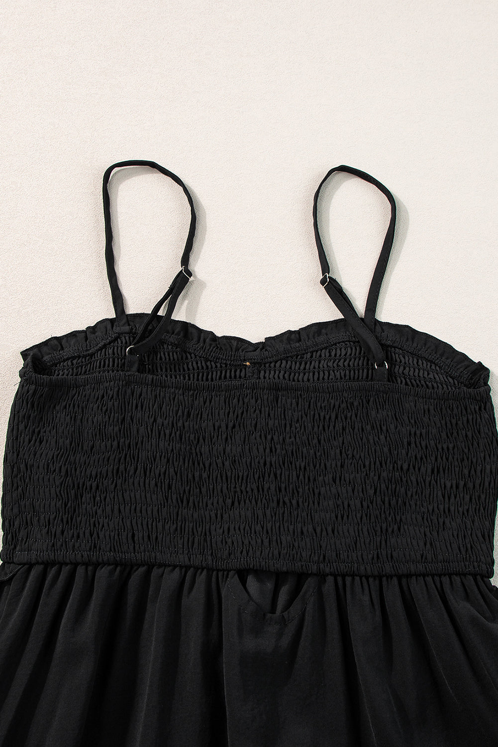 Black Spaghetti Straps Smocked Front Slit Buttoned Dress