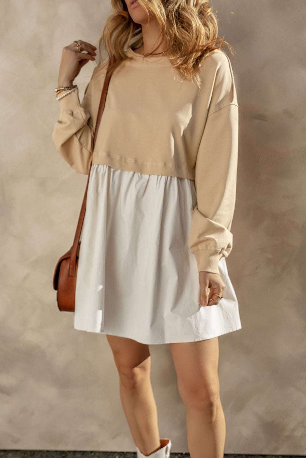 Pale Khaki Sweatshirt Poplin Mini Dress