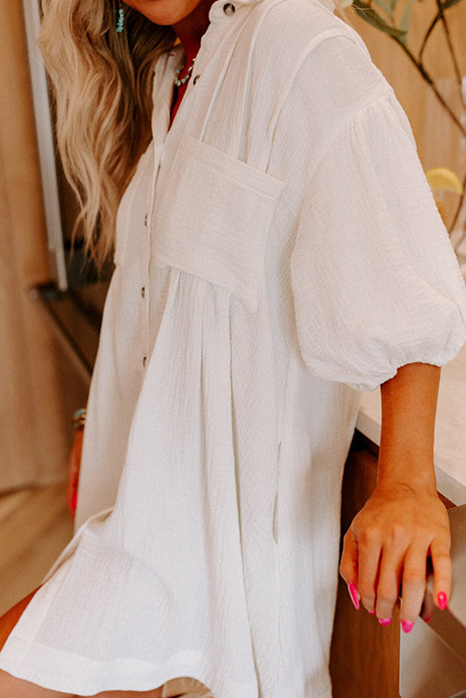 White Half Puff Sleeve Buttoned Shirt Mini Dress