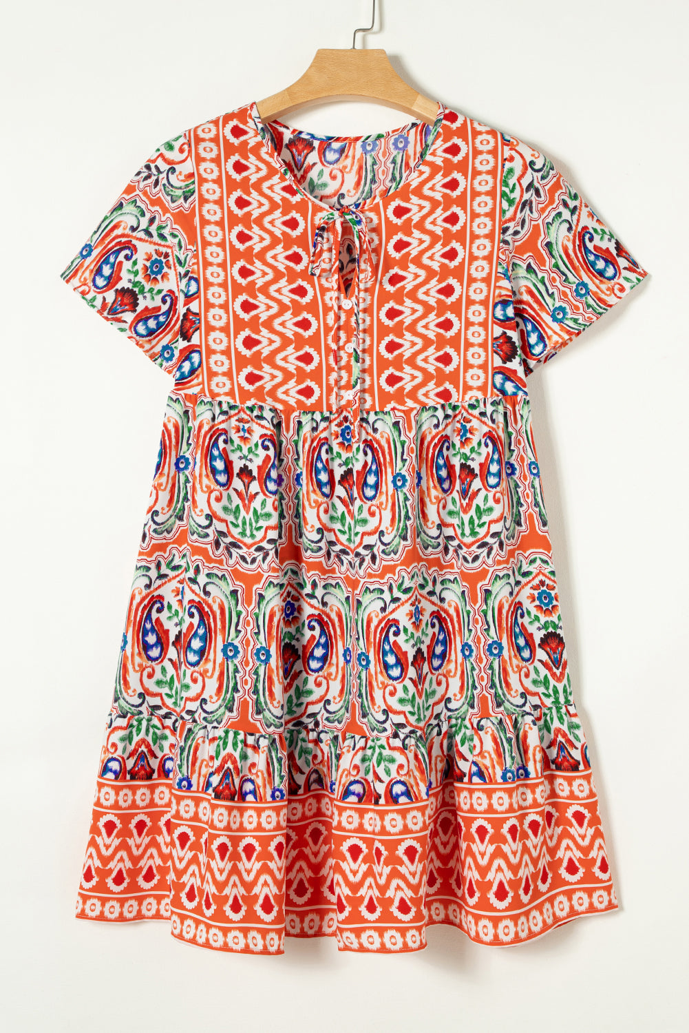 Orange Bohemian Print Tie Neck Ruffle Hem Short Dress