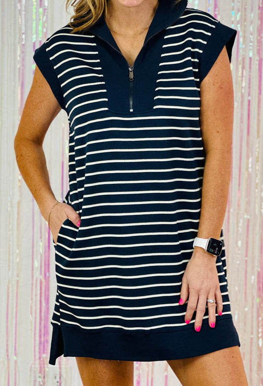 Navy Blue Quarter Zip Collared Cap Sleeve Mini Dress