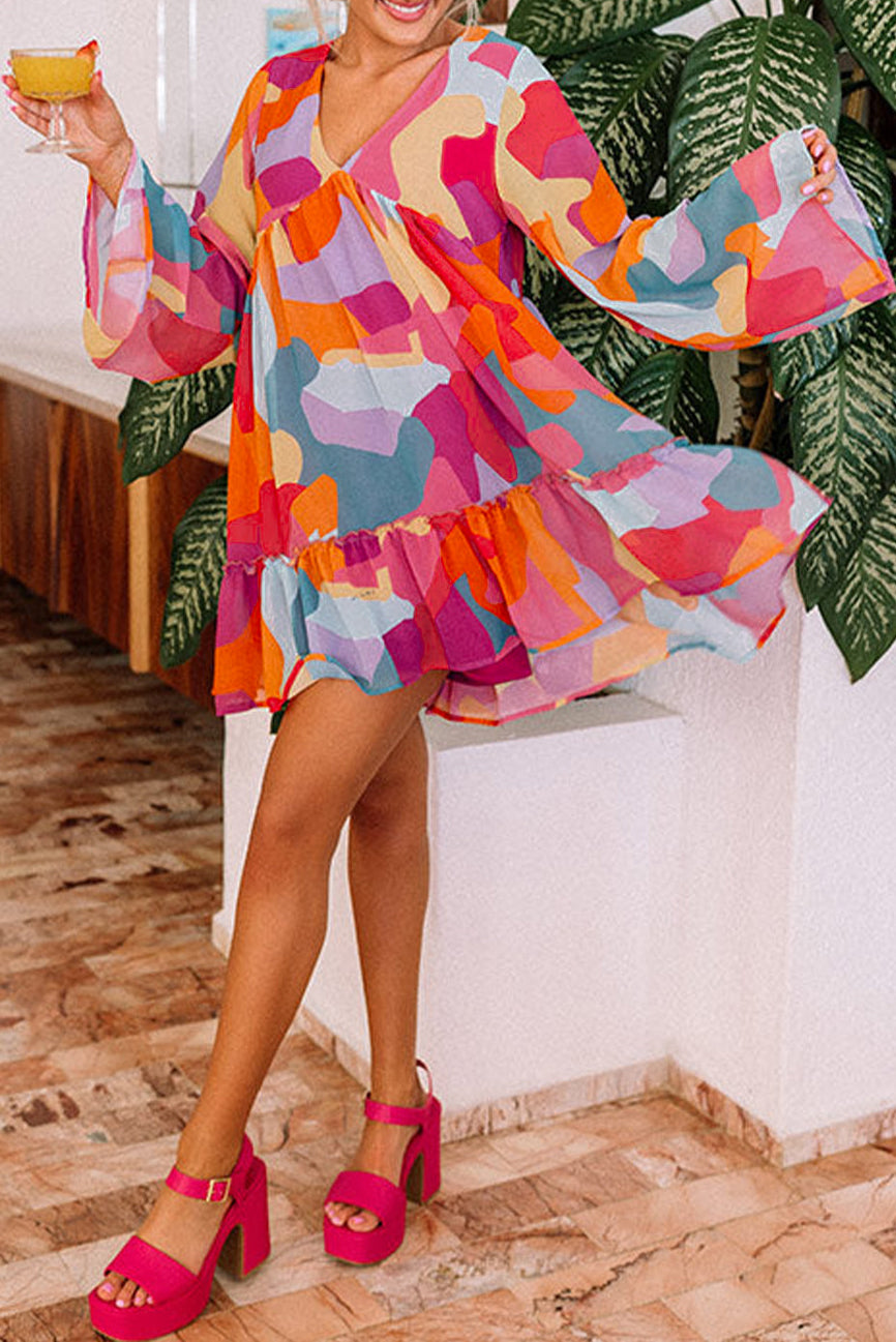 Red Abstract Print Bell Sleeve V Neck Babydoll Dress