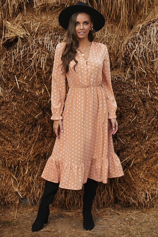 Apricot Button Polka Dot High Slit Ruffled Midi Dress