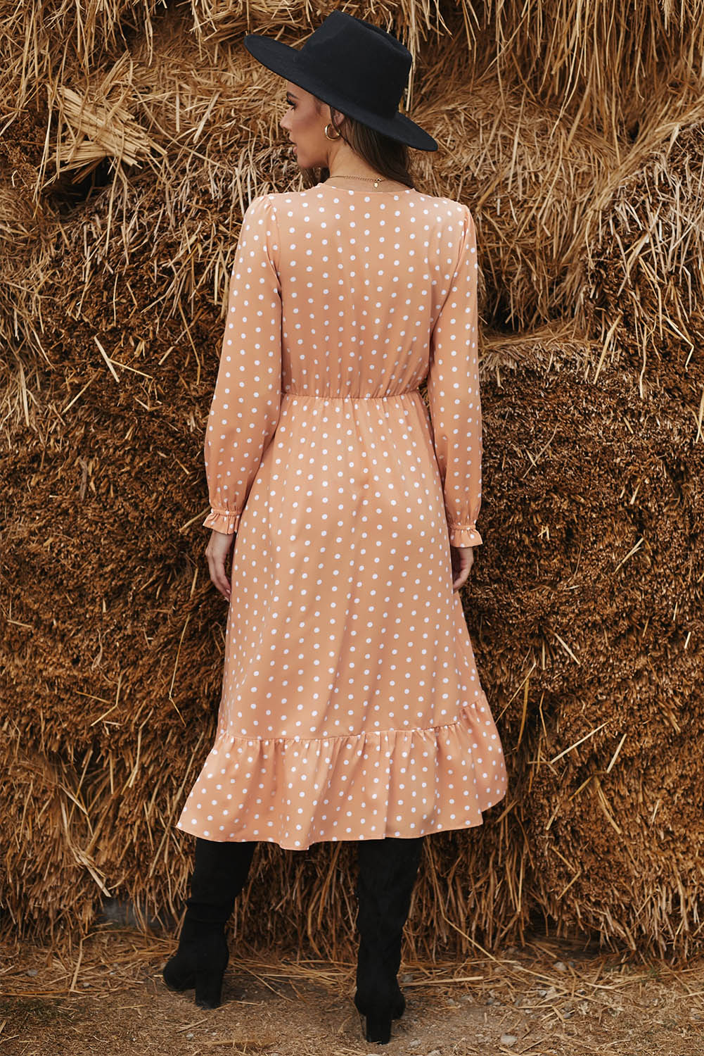 Apricot Button Polka Dot High Slit Ruffled Midi Dress