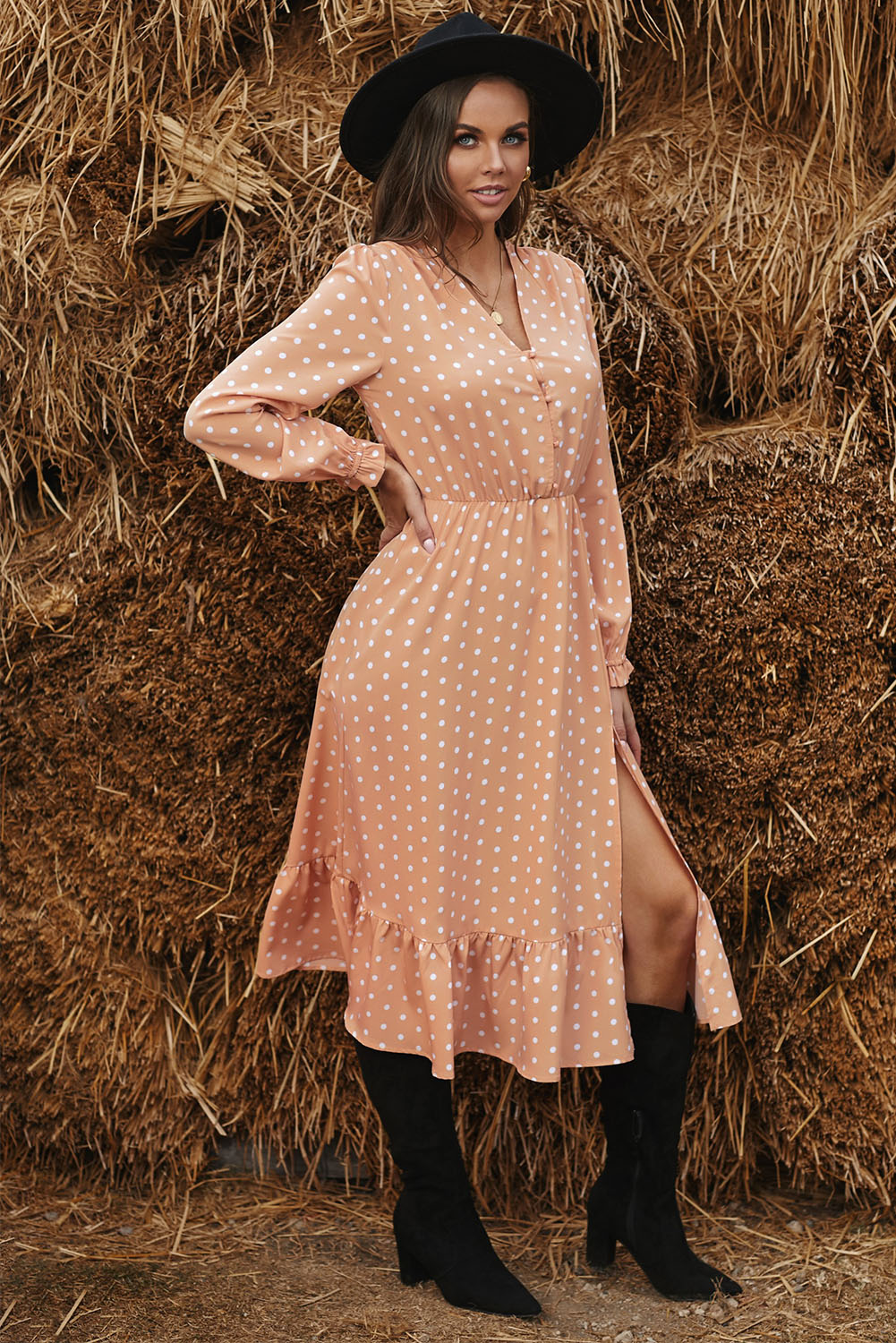 Apricot Button Polka Dot High Slit Ruffled Midi Dress