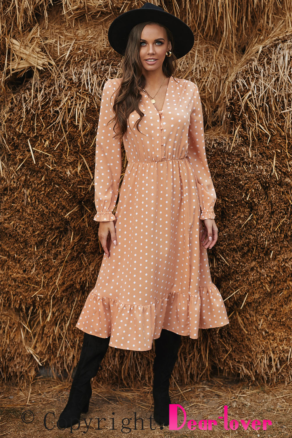 Apricot Button Polka Dot High Slit Ruffled Midi Dress