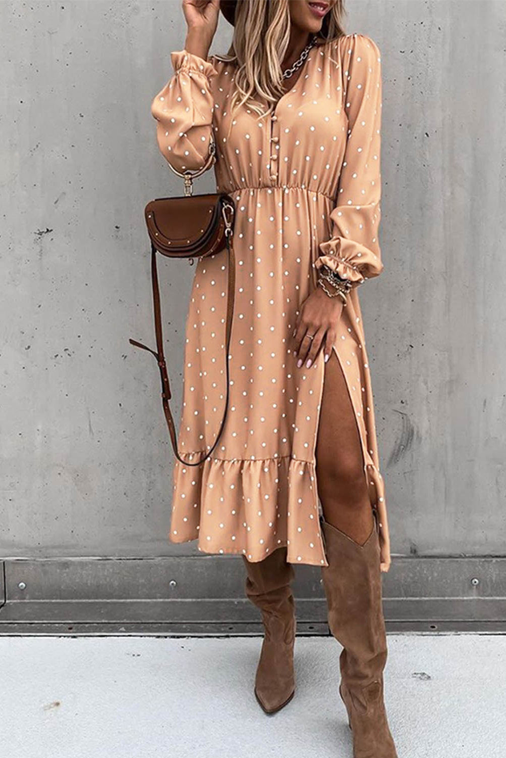 Apricot Button Polka Dot High Slit Ruffled Midi Dress