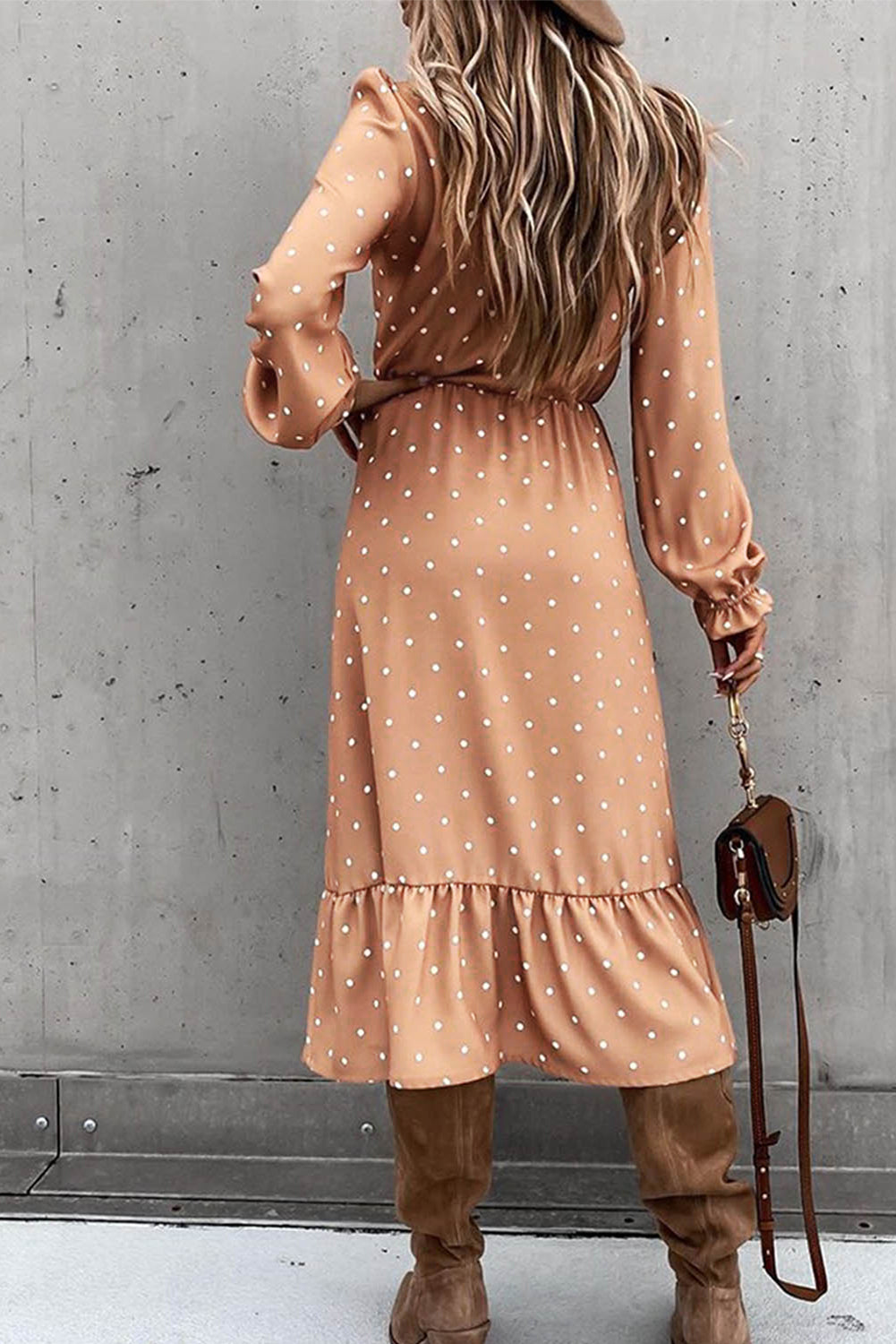 Apricot Button Polka Dot High Slit Ruffled Midi Dress