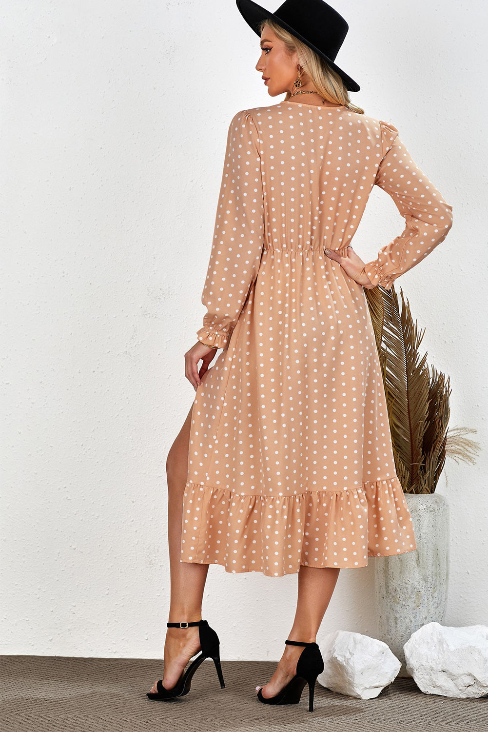 Apricot Button Polka Dot High Slit Ruffled Midi Dress