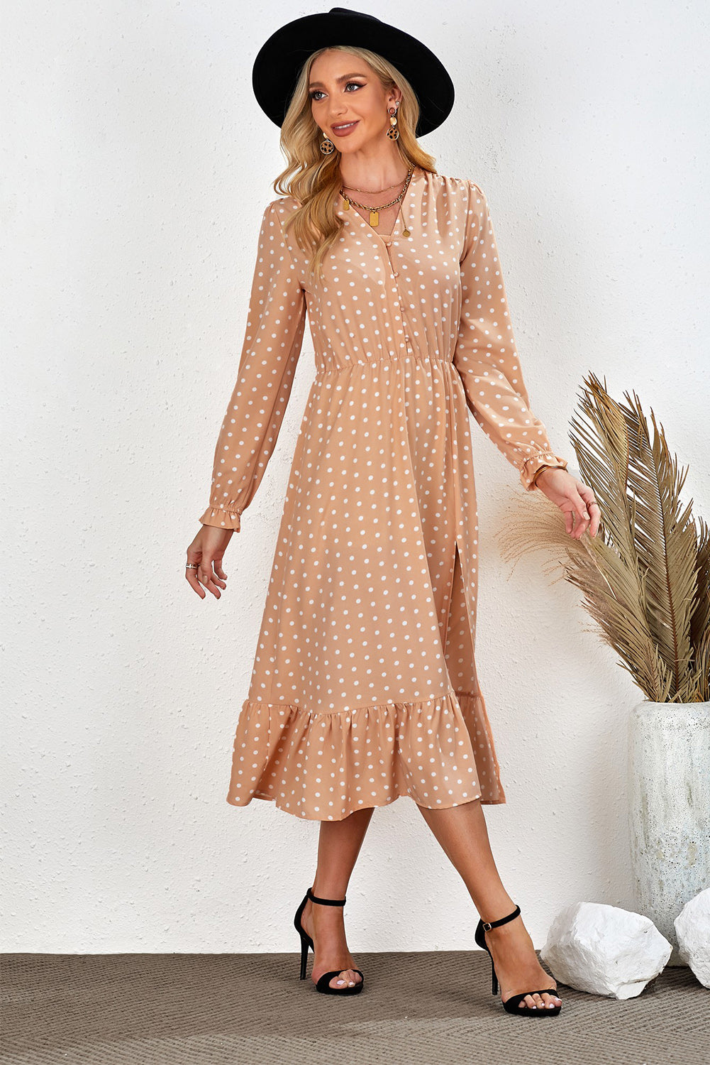 Apricot Button Polka Dot High Slit Ruffled Midi Dress