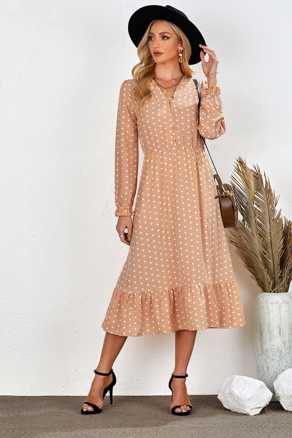 Apricot Button Polka Dot High Slit Ruffled Midi Dress