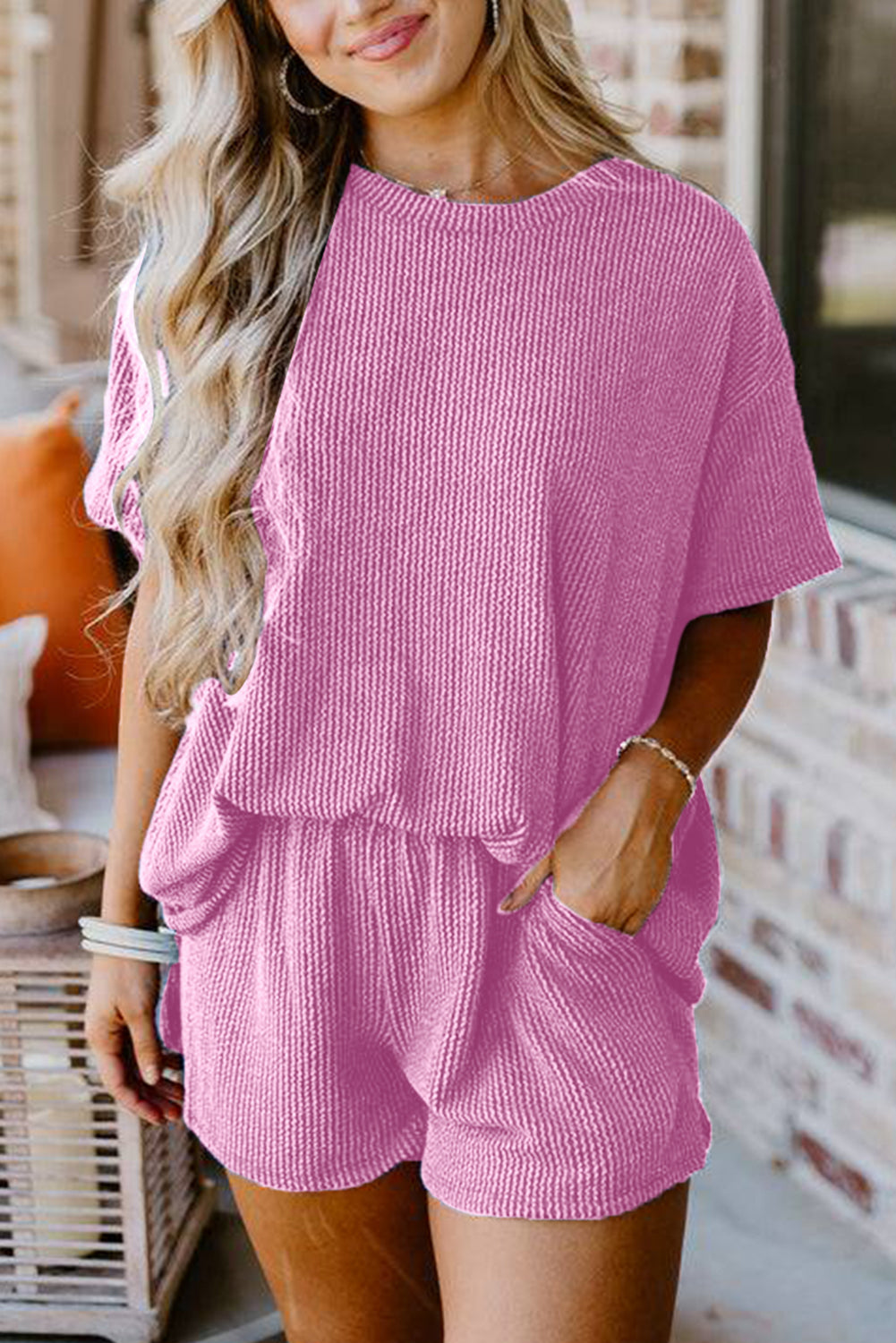 Pink Ribbed Textured Knit Loose Fit Tee and Shorts Set