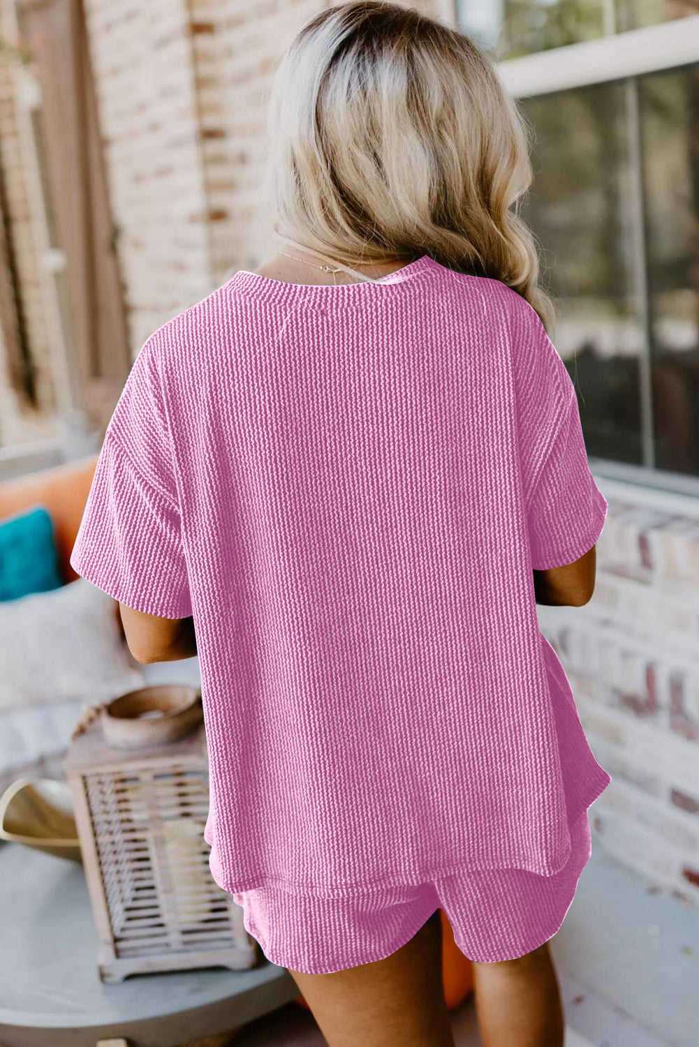 Pink Ribbed Textured Knit Loose Fit Tee and Shorts Set