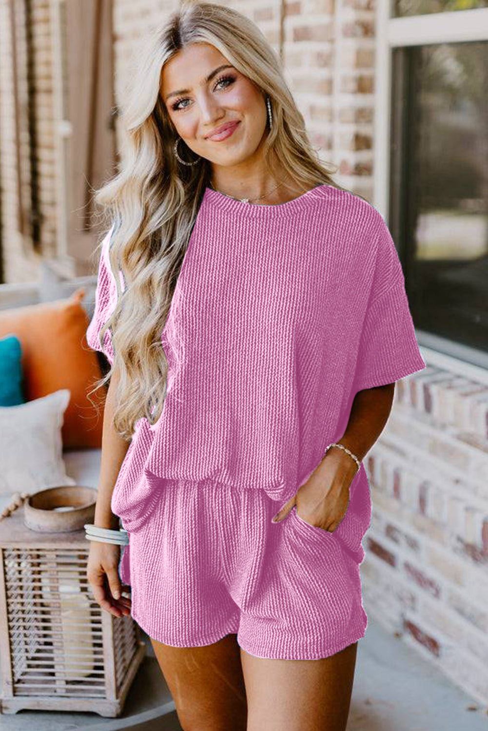 Pink Ribbed Textured Knit Loose Fit Tee and Shorts Set