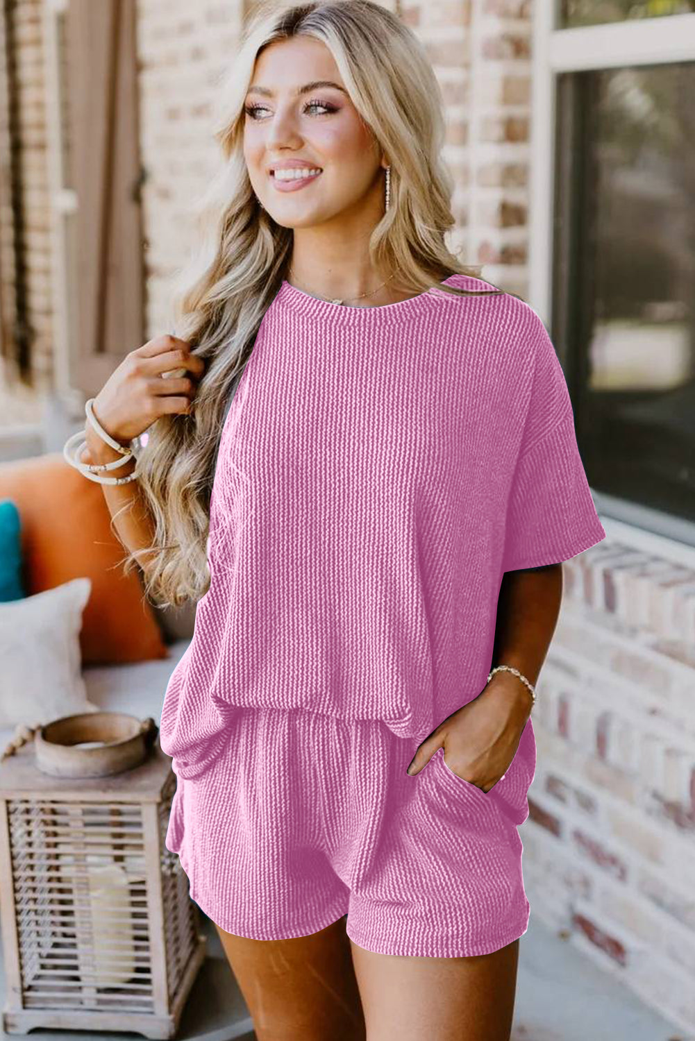 Pink Ribbed Textured Knit Loose Fit Tee and Shorts Set