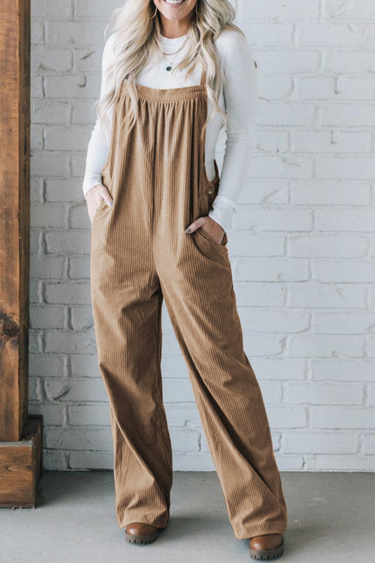 Khaki Morn Solid Pocketed Loose Fit Corduroy Overall