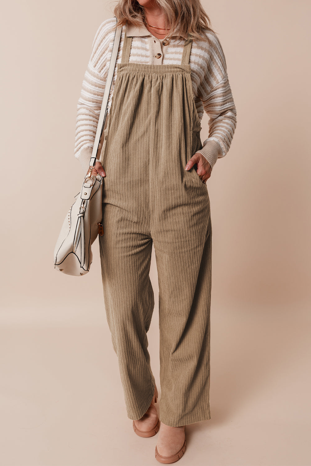 Khaki Morn Solid Pocketed Loose Fit Corduroy Overall