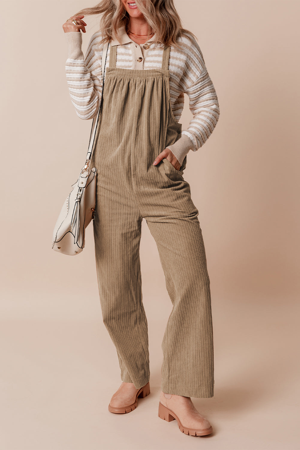 Khaki Morn Solid Pocketed Loose Fit Corduroy Overall