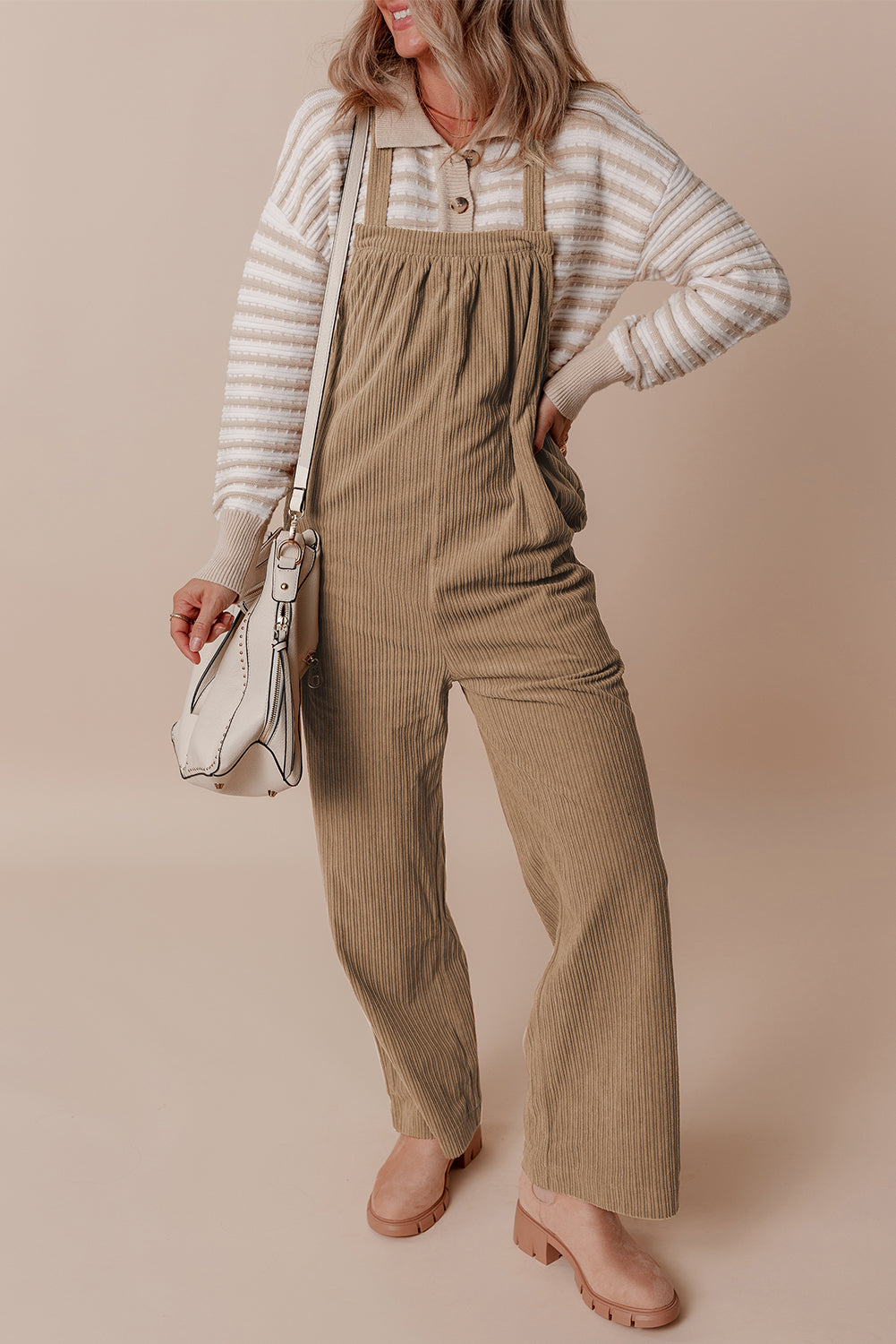 Khaki Morn Solid Pocketed Loose Fit Corduroy Overall