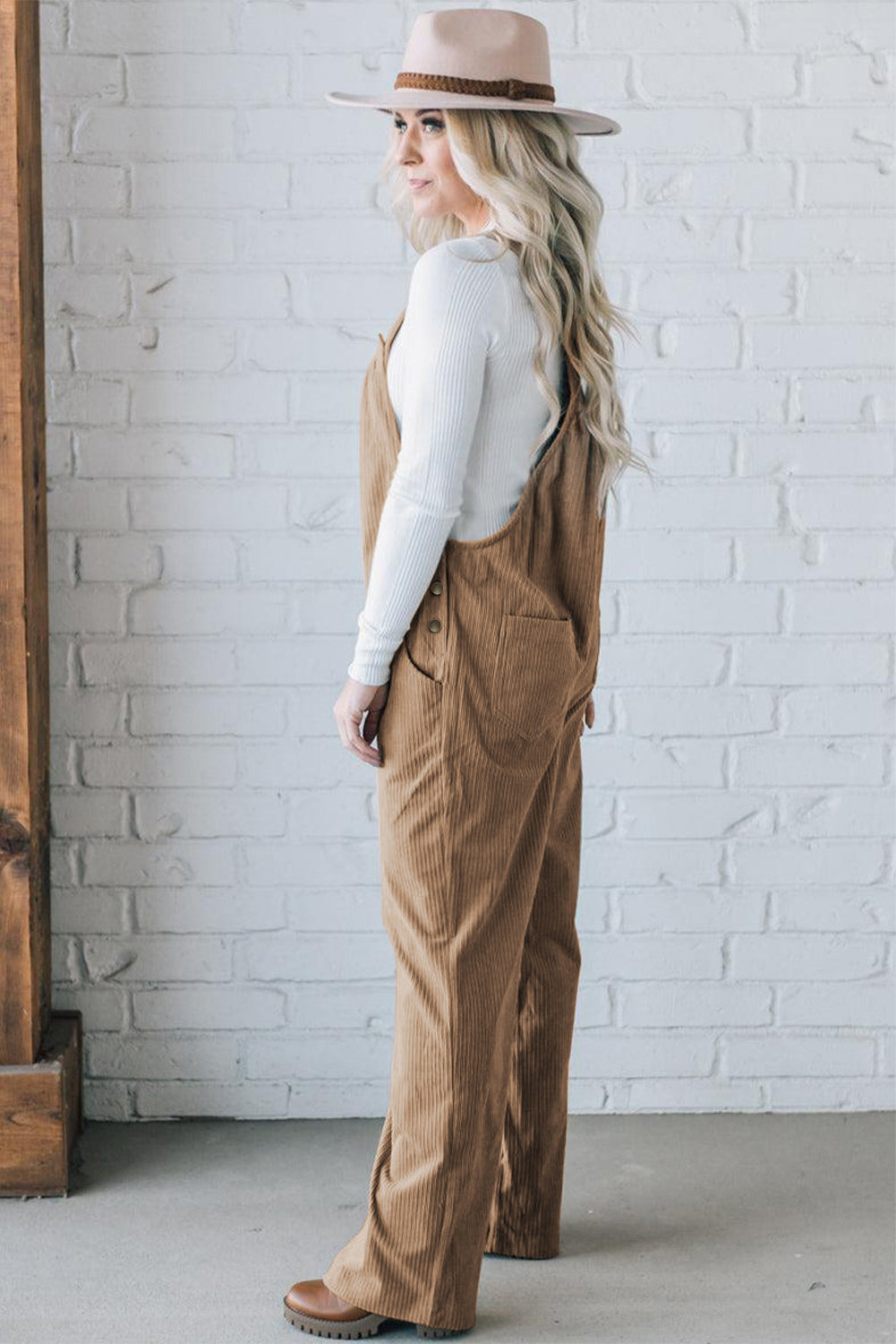 Khaki Morn Solid Pocketed Loose Fit Corduroy Overall