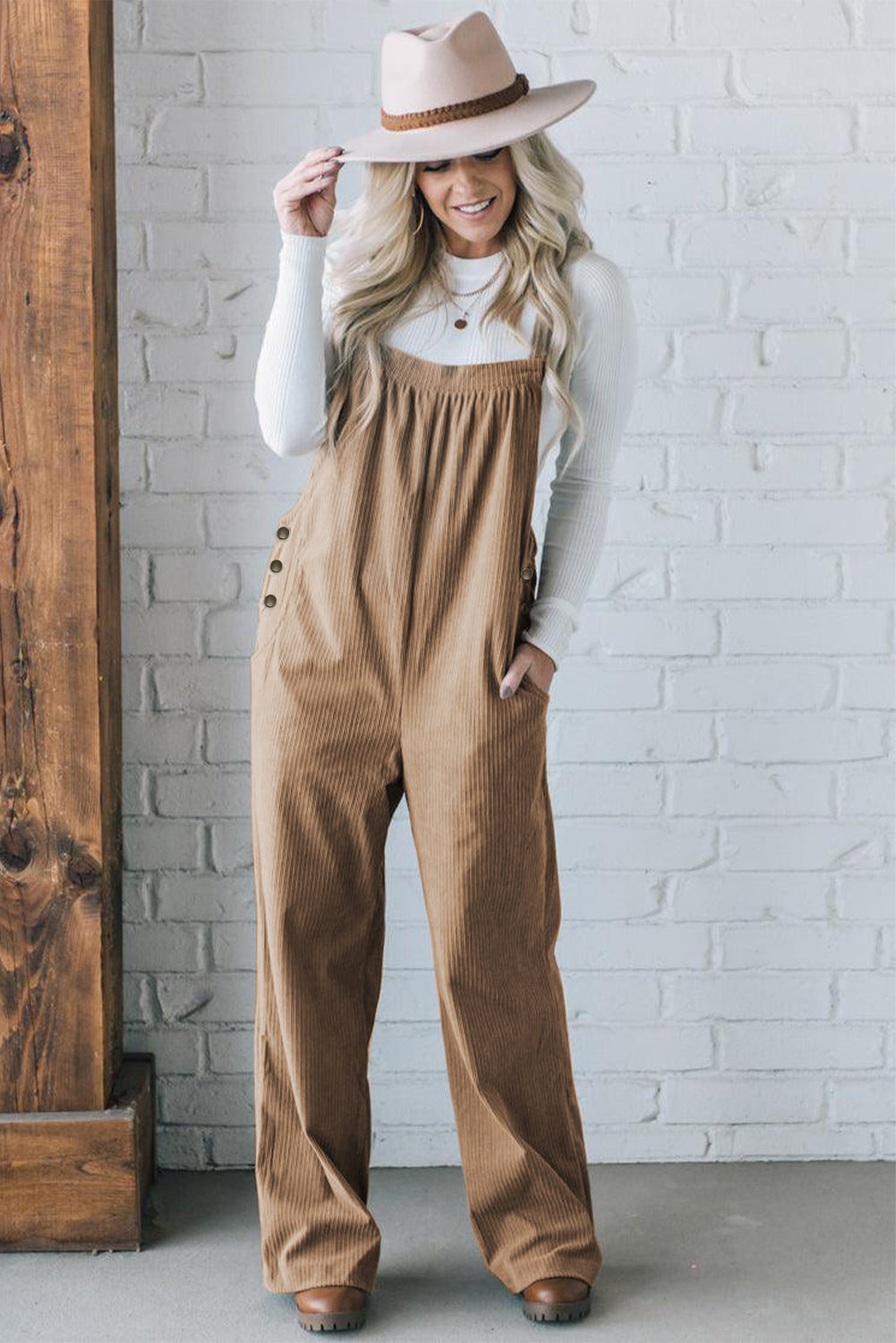 Khaki Morn Solid Pocketed Loose Fit Corduroy Overall