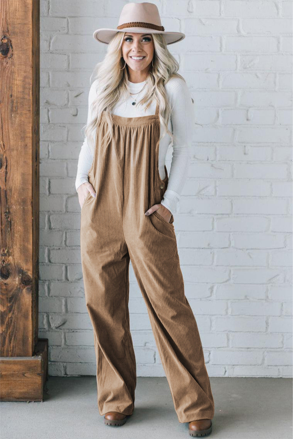 Khaki Morn Solid Pocketed Loose Fit Corduroy Overall