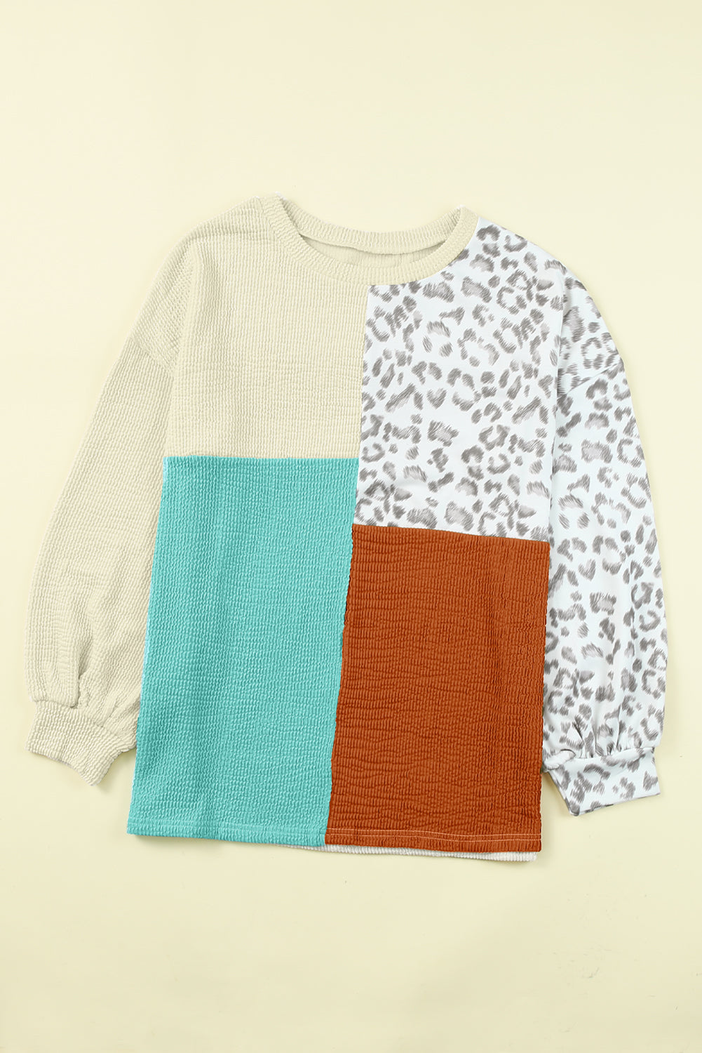 Leopard Patchwork Color Block Ribbed Long Sleeve Top