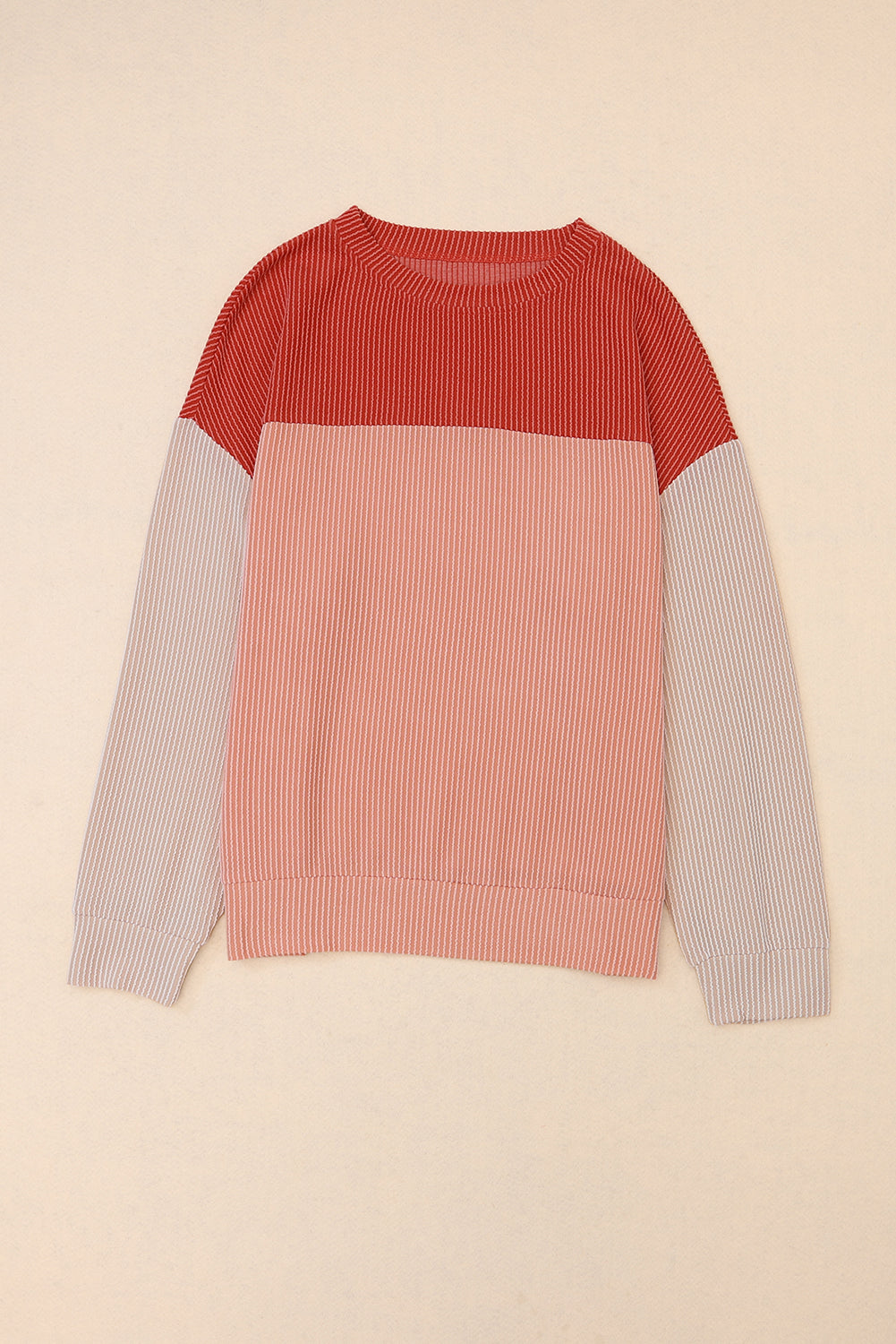 Red Color Block Long Sleeve Ribbed Loose Top