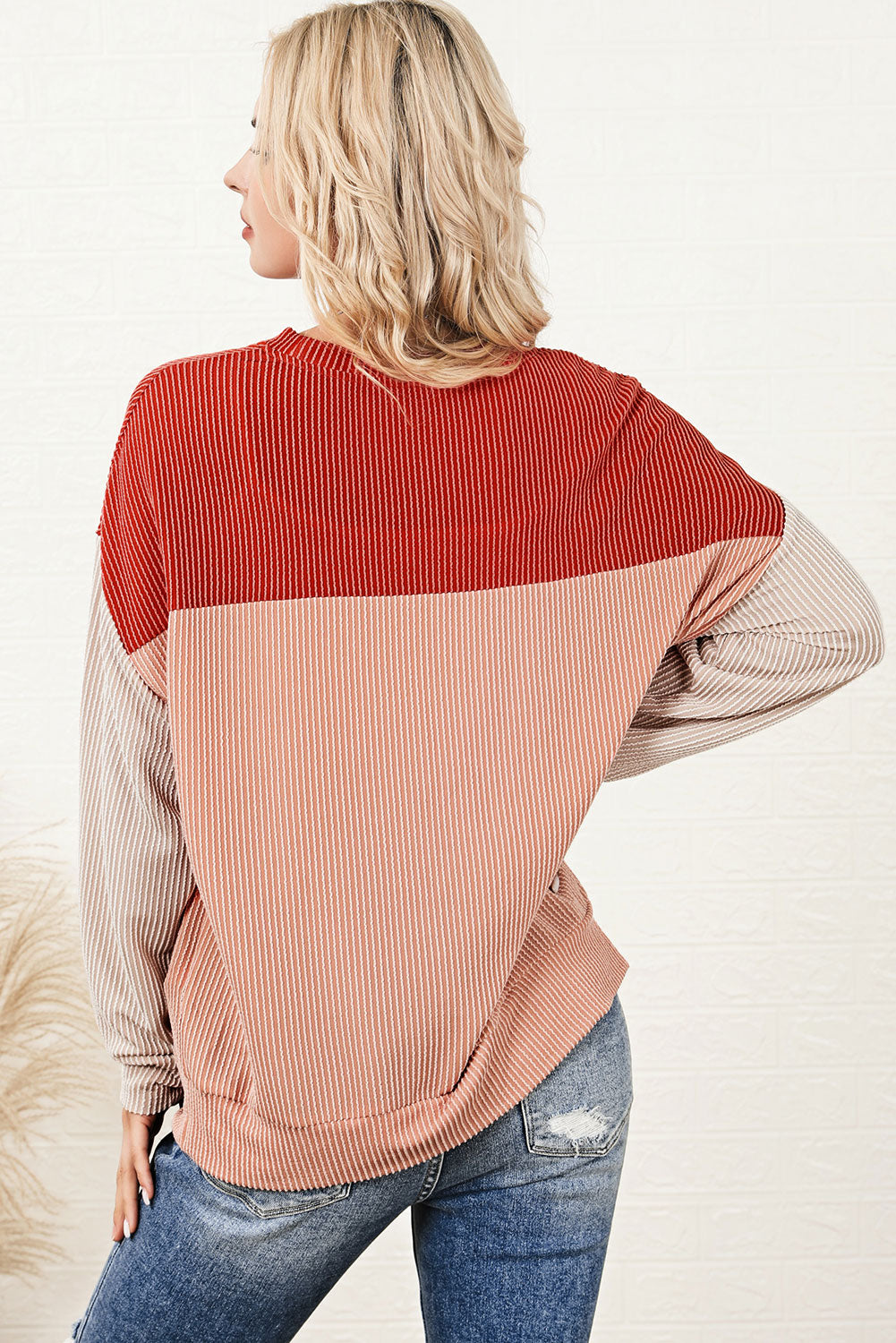 Red Color Block Long Sleeve Ribbed Loose Top