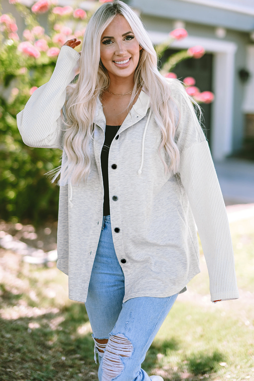 Gray Button Up Contrast Knitted Sleeves Hooded Jacket