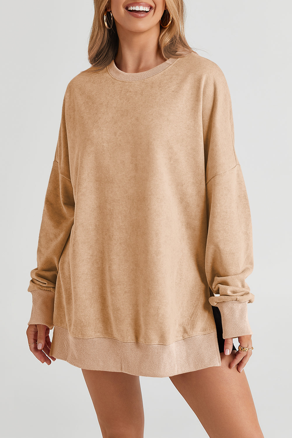 Khaki Drop Shoulder Ribbed Trim Oversized Sweatshirt