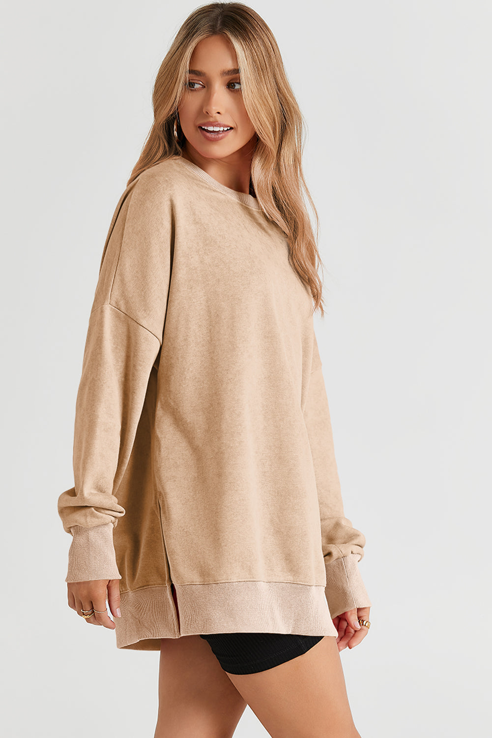 Khaki Drop Shoulder Ribbed Trim Oversized Sweatshirt