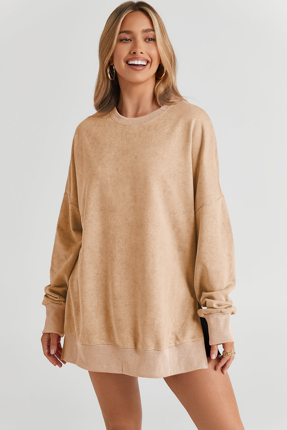 Khaki Drop Shoulder Ribbed Trim Oversized Sweatshirt