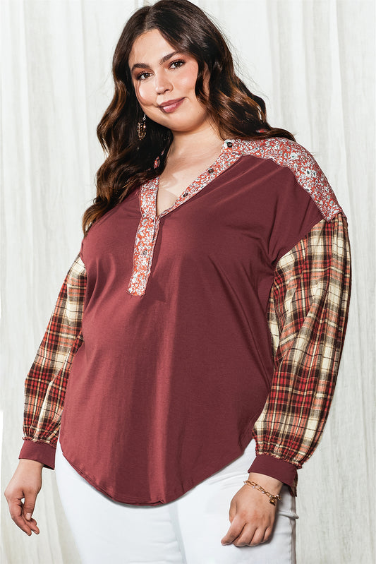 Red Dahlia Mixed Print Half Buttons Plus Size Pullover Top