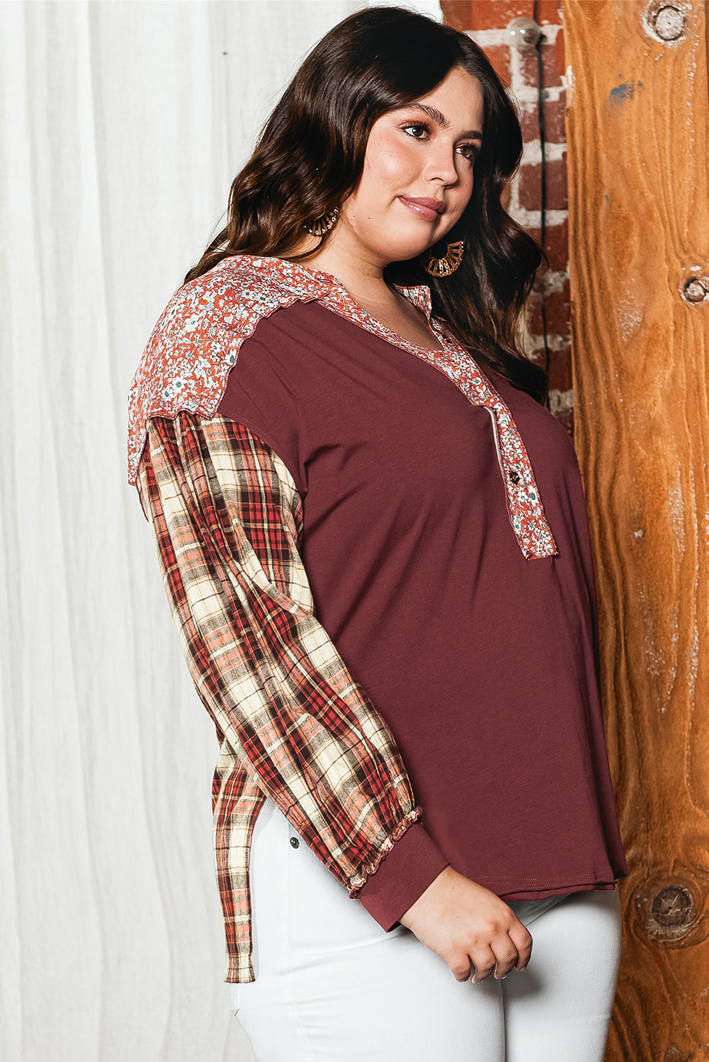 Red Dahlia Mixed Print Half Buttons Plus Size Pullover Top