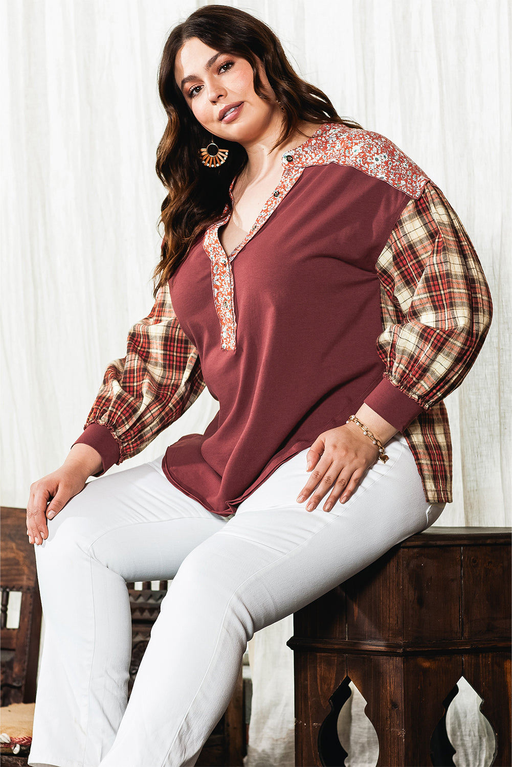 Red Dahlia Mixed Print Half Buttons Plus Size Pullover Top